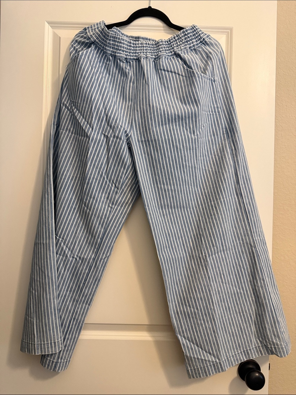 Umgee Light Blue & White Striped Wide Leg Pants- elastic waist, pockets!